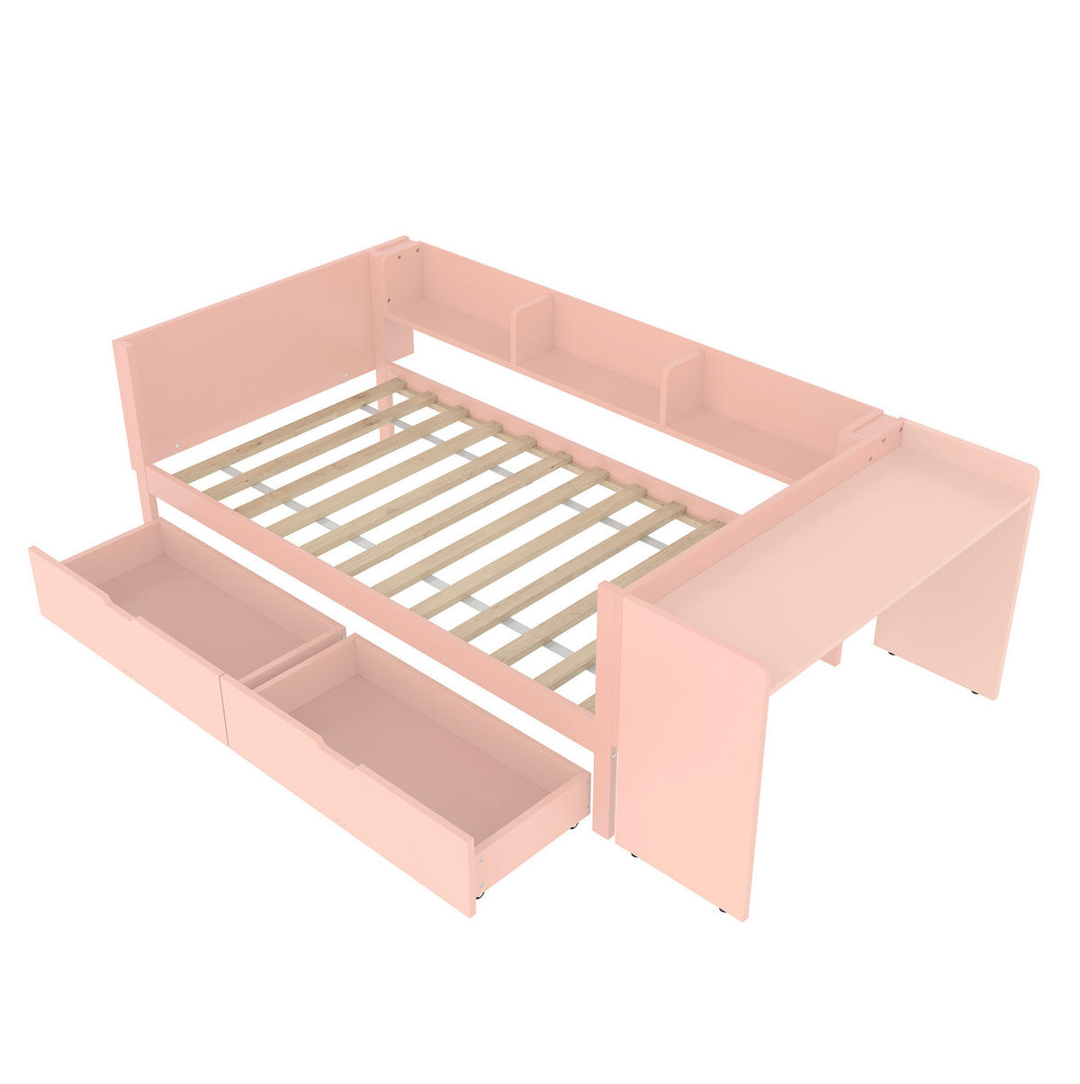 RAHMENBETT 90/200 cm mit Schreibtisch und 2 Schubladen in Rosa - Rosa, Holz - BEAOK