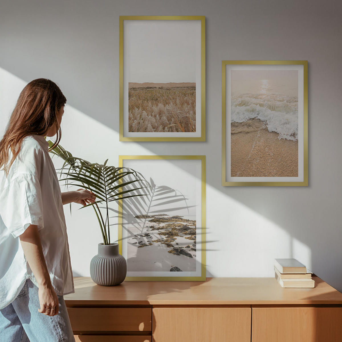 BILDER SET 3er Set - 40x60 cm Goldrahmen - Strandwellen, Steine, Sommer - Goldfarben, Kunststoff (40/60cm) - TULUP