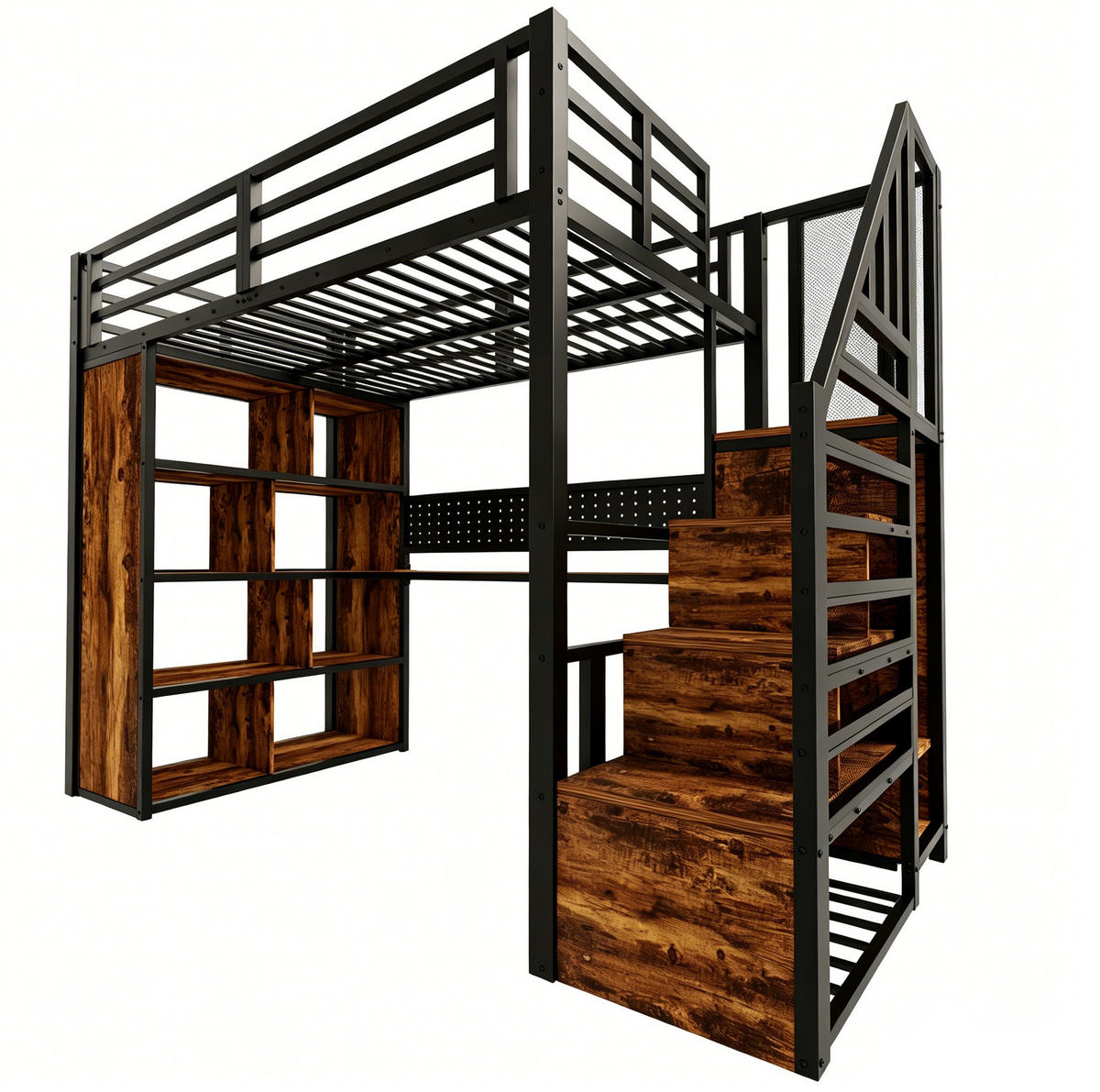 HOCHBETT 90/200 cm mit Stauraumtreppe, Schreibtisch, LED-Beleuchtung und Kleiderschrank, Schwarz - Schwarz, Holzwerkstoff (90/200cm) - Redom