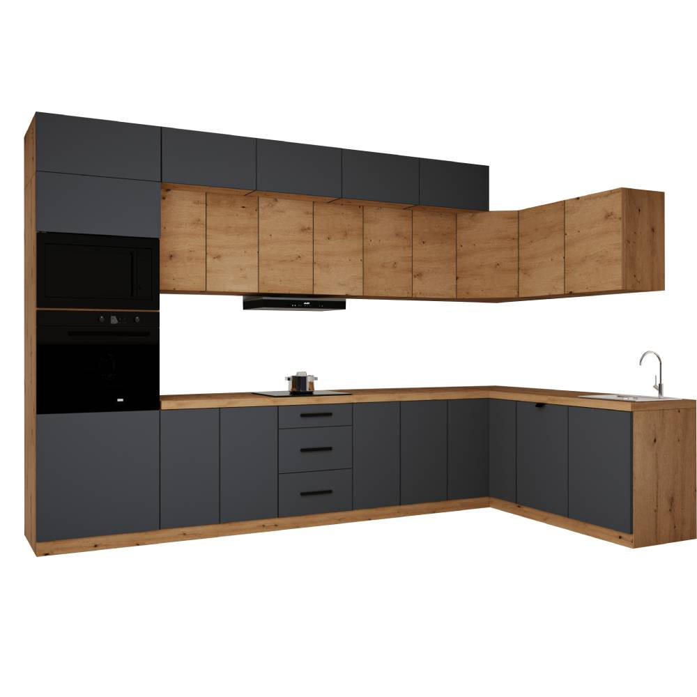 WINKELKÜCHE 360cm x 200cm- Langen KL10-M360 - in Grau / Artisan Eiche - Eiche Artisan/Grau, Holz (560/248/58cm)