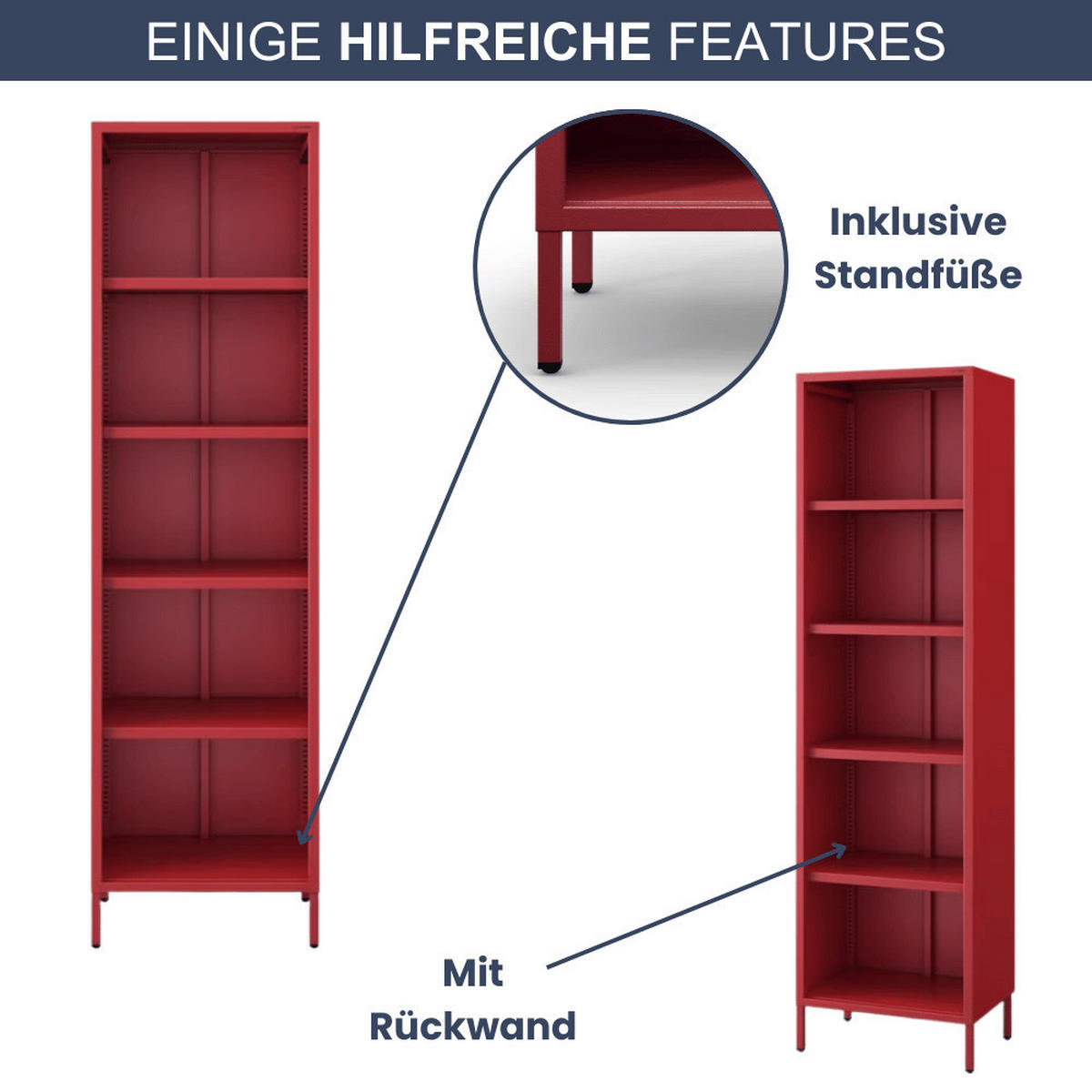 BÜCHERREGAL Metall CLIEN 5 Ebenen 180x50x35cm Rot - Rot, Metall (50/180/35cm) - DELUKE