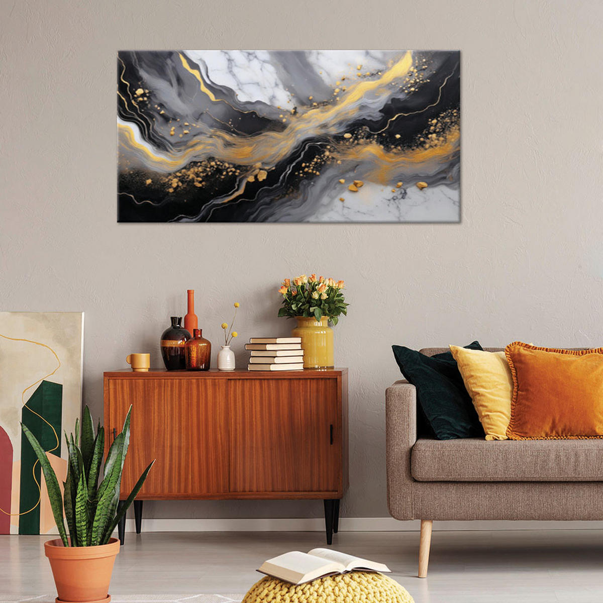 LEINWANDBILD Abstrakter Marmor Gold Schwarz 100x50cm - Schwarz, Textil (100/50cm) - Feeby