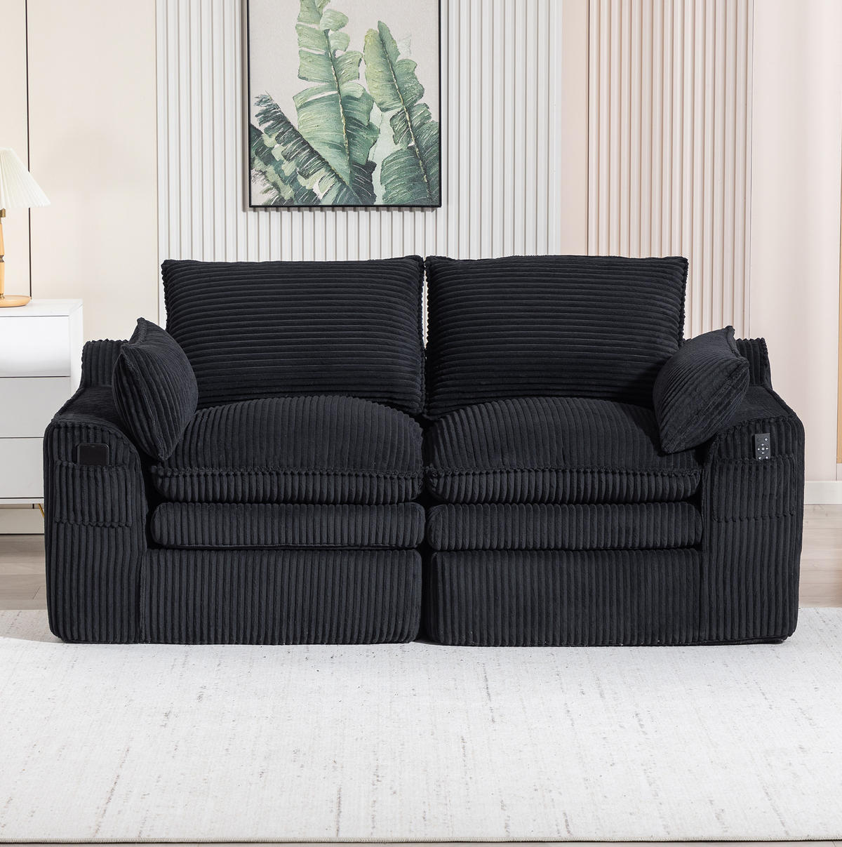 2-SITZER-SOFA 191/94/85 cm mit Seitentaschen und Kissen, Cordbezug und Federkern, Schwarz - Schwarz, Textil (191/85/94cm) - Redom