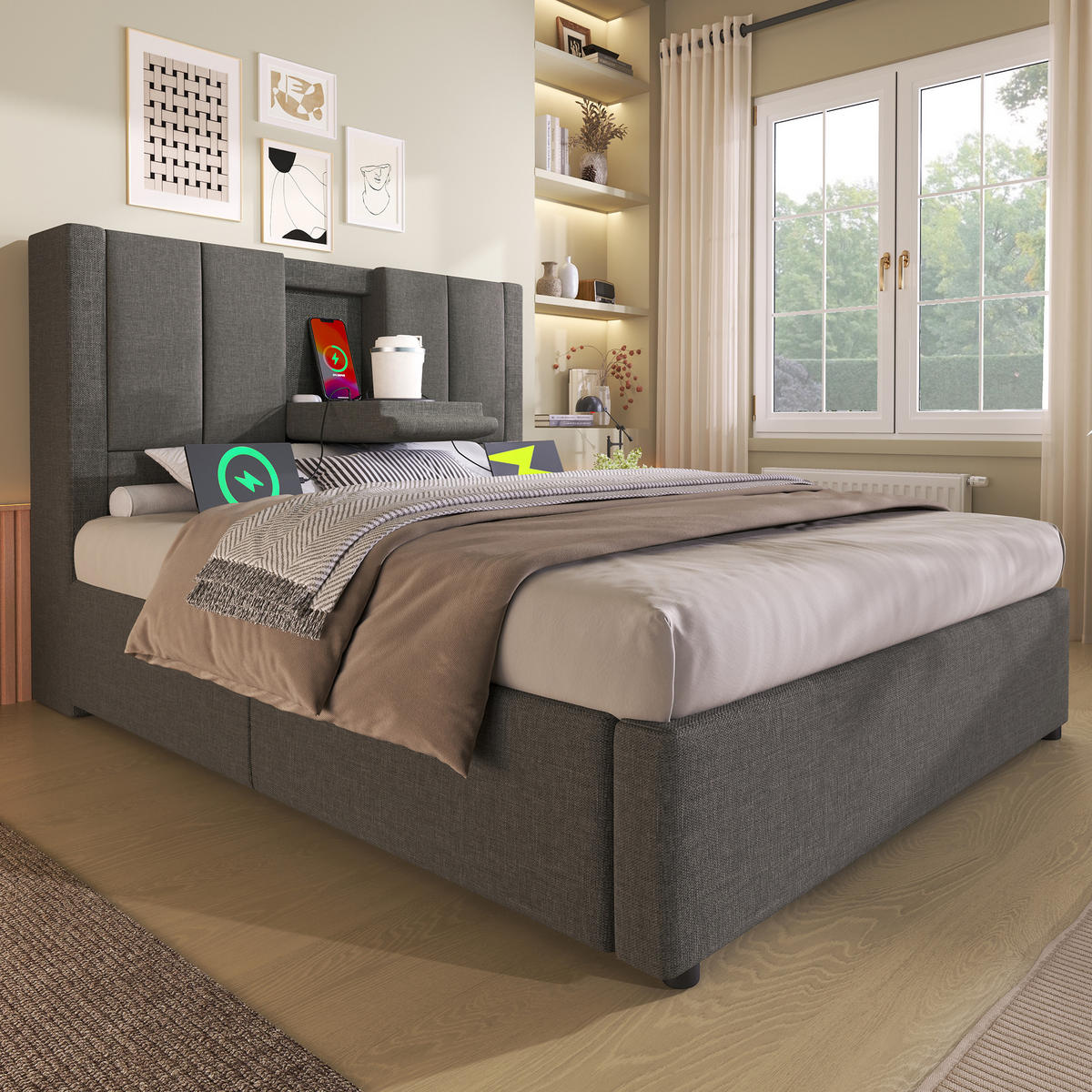 POLSTERBETT 90/200 cm mit Ladestation, verstecktem Becherhalter und hydraulischem Stauraum und Matratze, Grau - Grau, Textil (90/200cm) - Redom