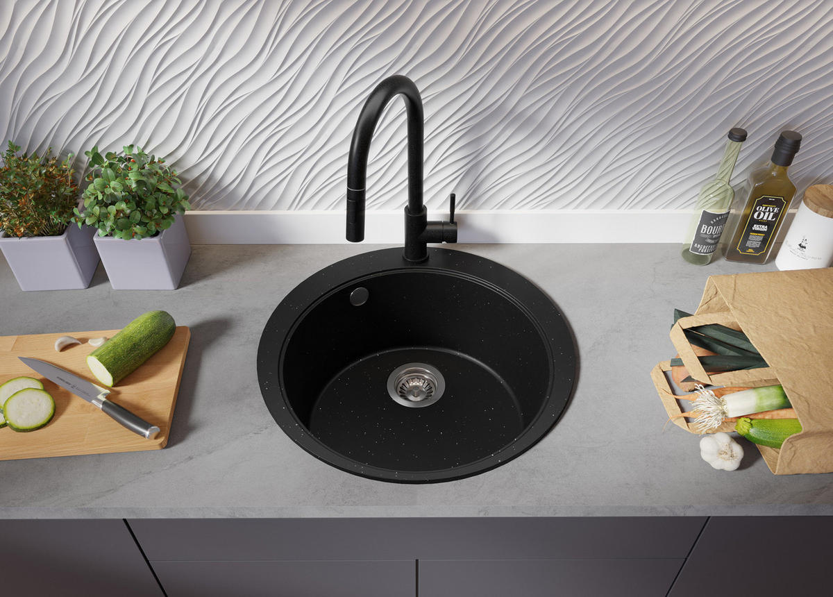 SPÜLBECKEN RUND Pisa Max, 2-er set Schwarz Metallic 53/53 cm 1 Becken + Ablauf-Set + Schneidebrett ab 50er Unterschrank - Chromfarben/Schwarz Hochglanz, Kunststoff (53/20/53cm) - Primagran