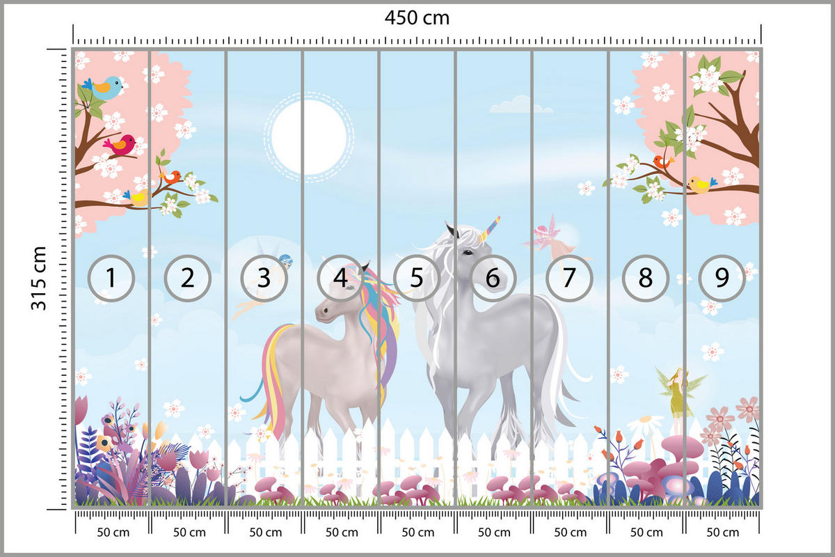 FOTOTAPETE für Kinderzimmer Einhörner Wiese Vögel Bäume Blumen 450x315 - Multicolor, Papier (450/315cm) - Muralo