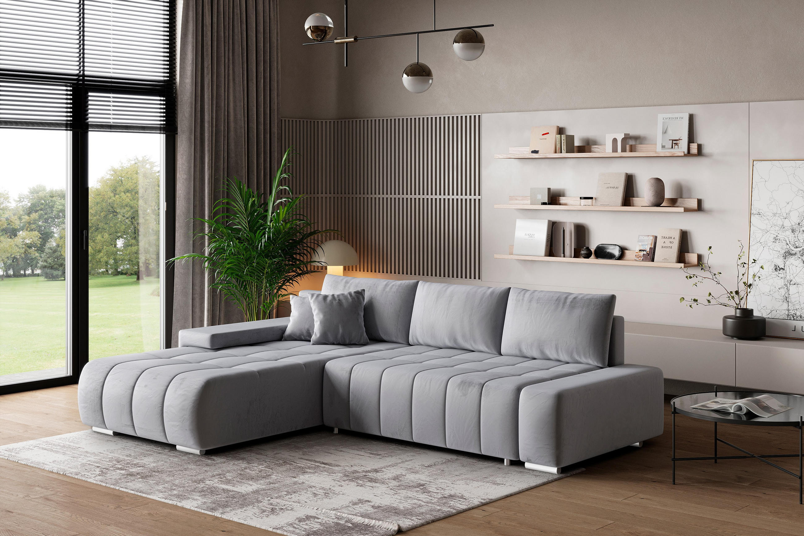 ECKSOFA ALESE L-S Hellgrau Velours-Stoff mit Schlaffunktion - Hellgrau, Holz (265/185cm) - MASSENO