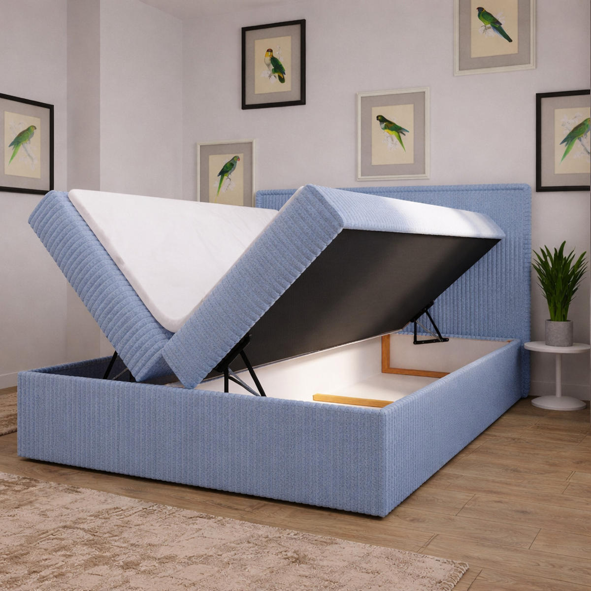BOXBETT 04 160 x 200 cm - Ambience – Modernes Polsterbett mit Bettkasten, Topper und gepolstertem Kopfteil, Stoffbezug, Stauraumbett - Hellblau, Holz (160/200cm) - ROYAL24_MARKT