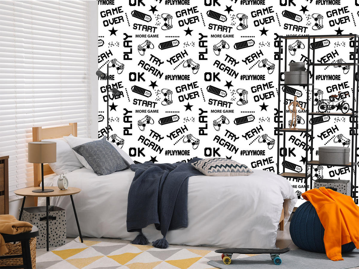 VLIESTAPETE Gaming-Schriftzüge Game Over – Schwarz, Weiß – 50x1000 cm - Schwarz/Weiß, Papier (50/1000cm) - Muralo