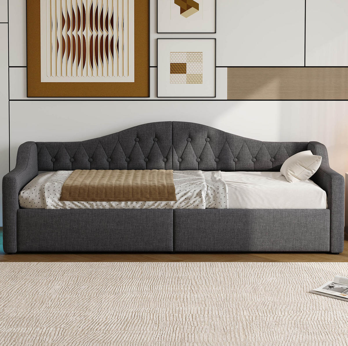 POLSTERBETT aus MDF und Sperrholz 90x200 cm Grau mit LED-Beleuchtung und Stauraum, Leinenpolsterung - Grau, Holzwerkstoff (90/200cm) - Modfu