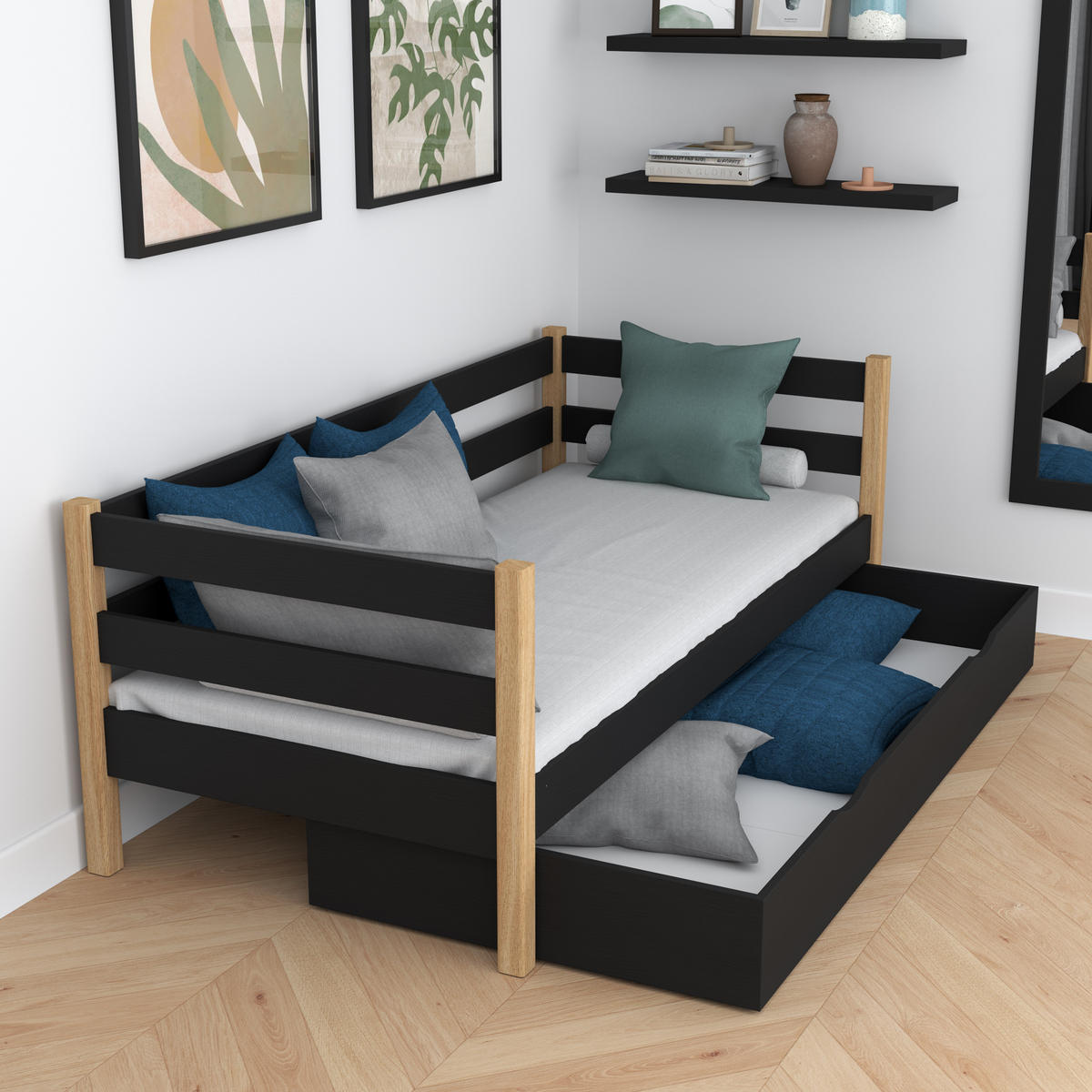 TAGESBETT mit Schublade N01 Schwarz / Eiche Natur 120/200 - Schwarz/Eiche Artisan, Naturmaterialien/Holz (120/200cm) - N-Wood
