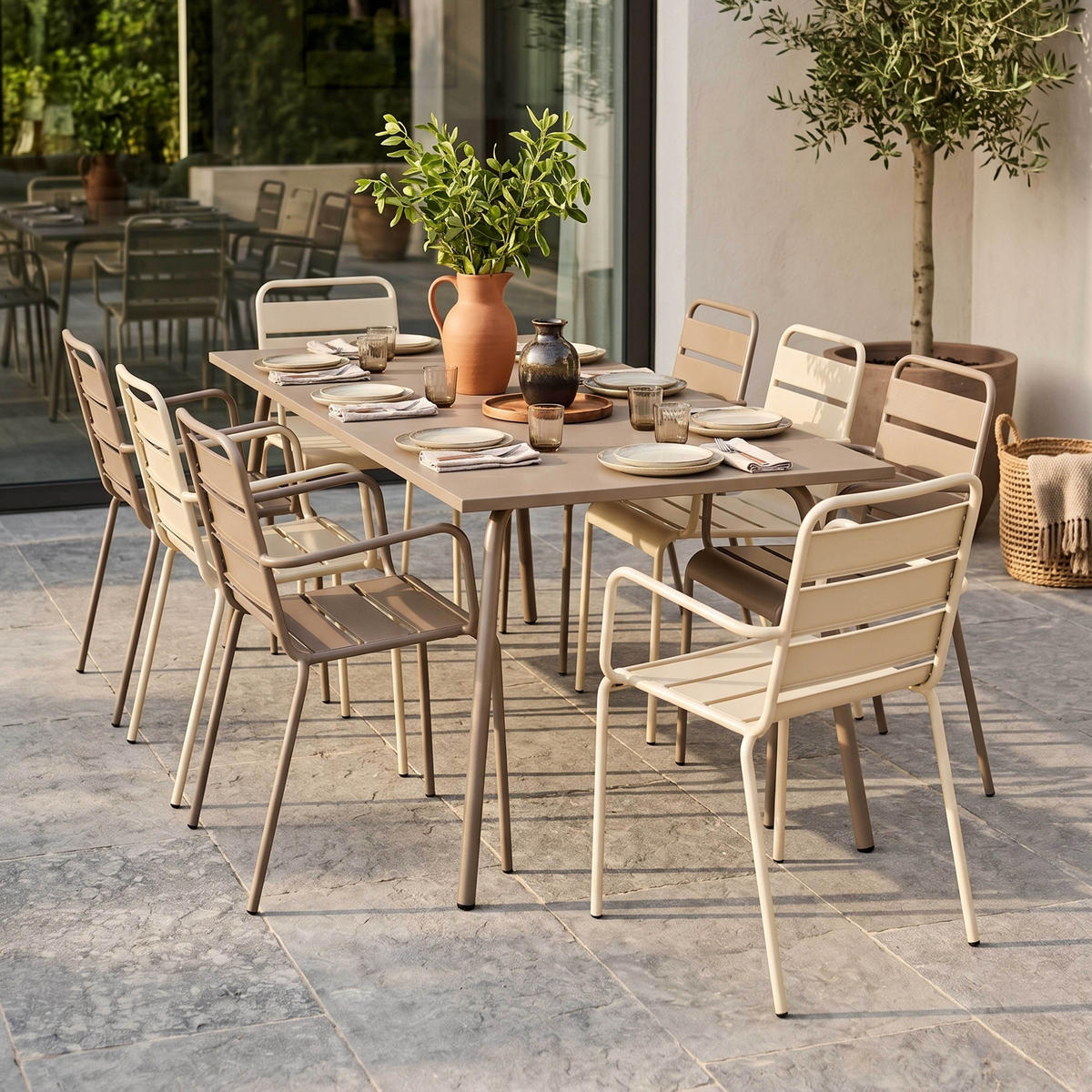 GARTENSET 9-tlg., Taupe/Elfenbein - Taupe, Metall - Oviala