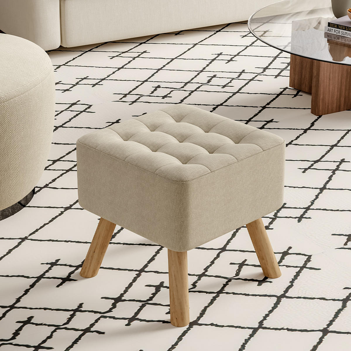 POLSTERHOCKER 39.5/39.5/40 cm Quadratisch Eichenholzbeine Leinen Beige - Beige/Naturfarben, Eichenholz/Holz (39.5/40/39.5cm) - Livingandhome