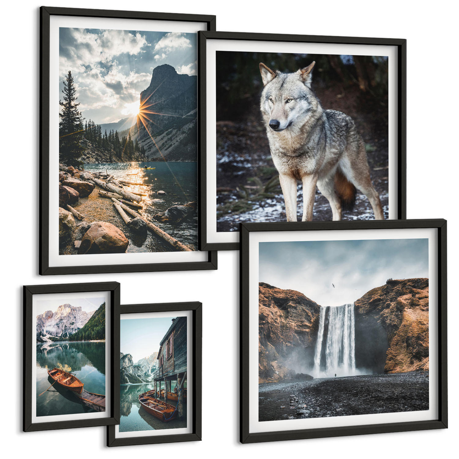 BILDER SET 5er Set - 50x50 cm & 20x30 cm & 40x60 cm Schwarzer Rahmen - Berge, Seen, Wasserfall, Wolf - Schwarz, Kunststoff (40/60cm) - TULUP