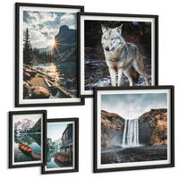 BILDER SET 5er Set - 50x50 cm & 20x30 cm & 40x60 cm Schwarzer Rahmen - Berge, Seen, Wasserfall, Wolf - Schwarz, Kunststoff (40/60cm) - TULUP