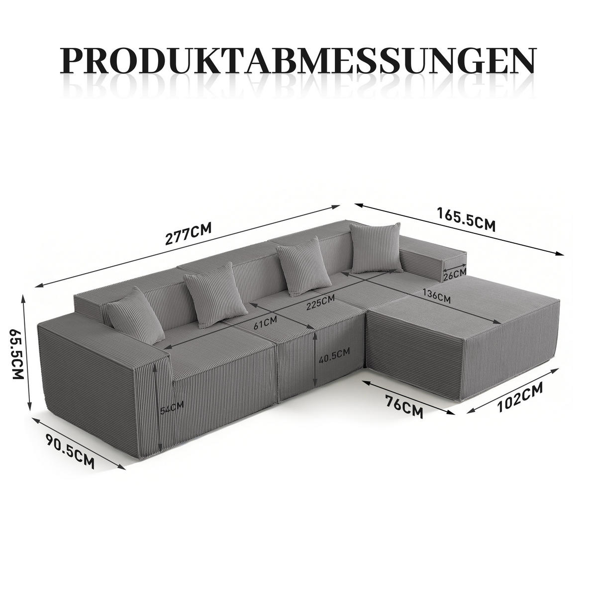 ECKSOFA cordstoff 279 cm flexibles design - Grau, Textil (279/165cm) - Urban Meuble