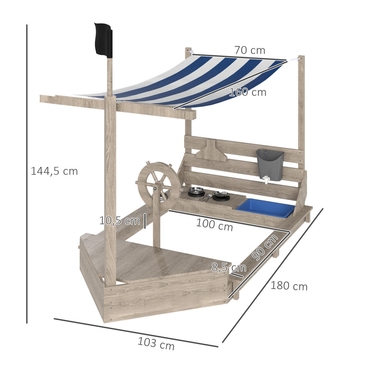 SANDKASTEN Sandkiste groß mit Abdeckung im Schiff Design Matschekiste aus Holz - Grau, Holz (180/103/144.5cm) - Outsunny