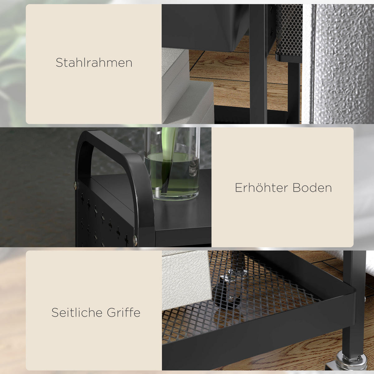 SERVIERWAGEN, Rollwagen, Stahl, Schwarz - Schwarz, Kunststoff (32.6/58.5/61cm) - HOMCOM