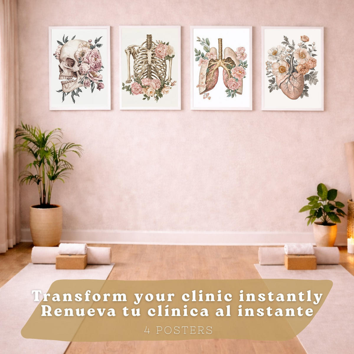 POSTER Set aus 4 Anatomie Mensch Florale Drucke und mit Schädel Herz Lungen und Skelett Botanische Aquarell dekoration Größe Weißer Rahmen A4 - Weiß, Papier (21/29.7/3cm) - Nacnic