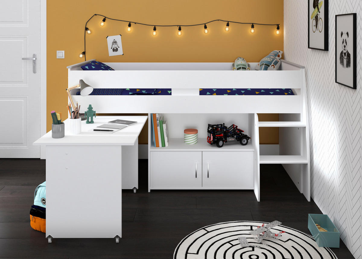 HOCHBETT Jugendzimmer Bett 90 x 200 mit Schreibtisch ausziehbar - Silberfarben/Weiß, Holz/Holzwerkstoff (90/200cm) - Parisot Meuble