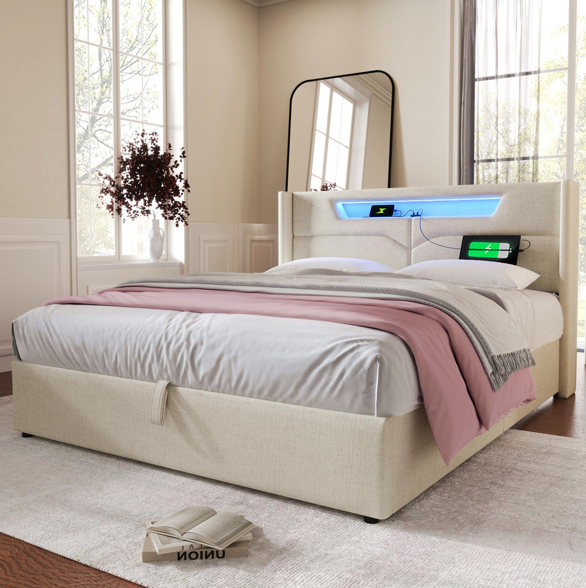 POLSTERBETT mit LED-Beleuchtung 140/200 cm mit Bettkasten, USB-C und gepolstertem Kopfteil - Beige, Textil (140/200cm) - BEAOK