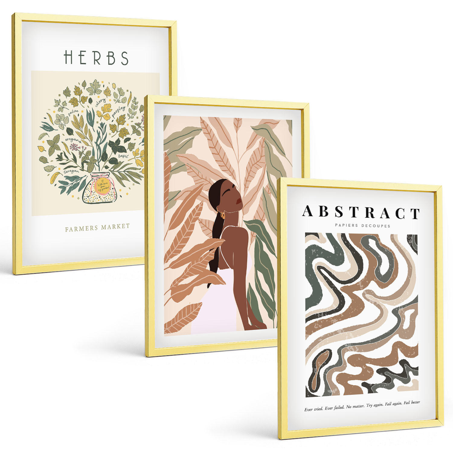 BILDER SET 3er Set - 40x60 cm Goldrahmen - Boho-Pastell-Minimalisten-Poster - Goldfarben, Kunststoff (40/60cm) - TULUP