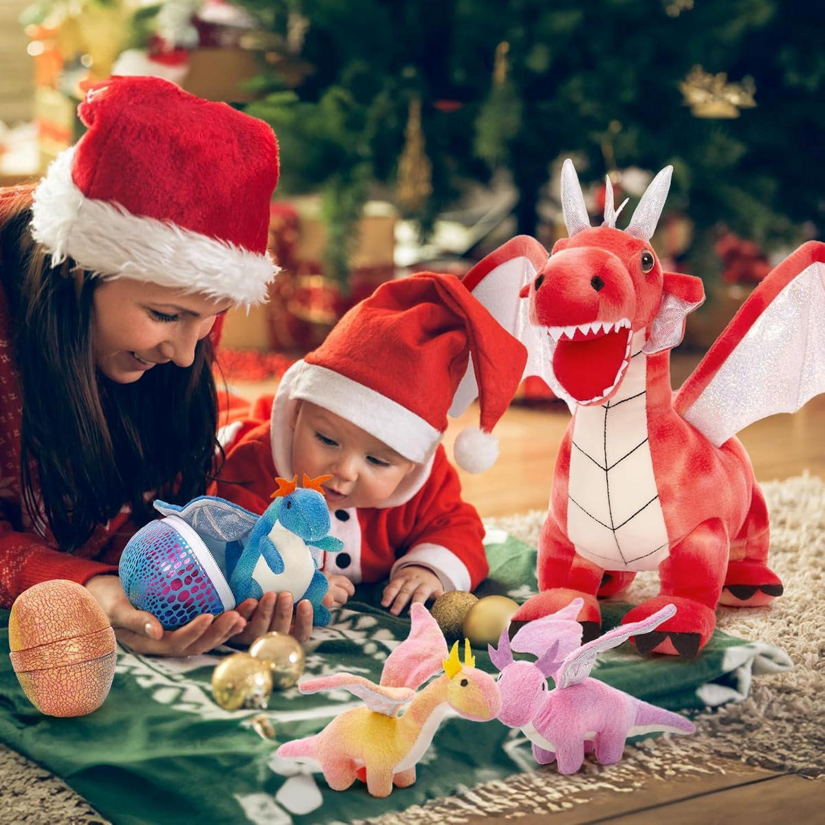 PLÜSCHTIER Drache mit Babys 55 cm Rot - Multicolor, Textil (53/55cm)