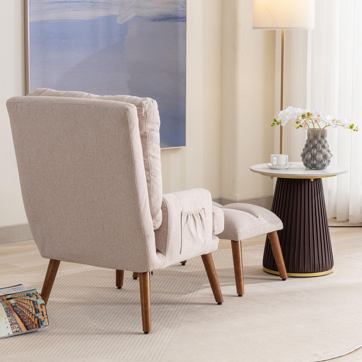 LOUNGSESSEL Verstellbar 5-stufig Neigbar Fußstütze Ablage - Beige, Holz (115.5/31/66.5cm) - FLIEKS