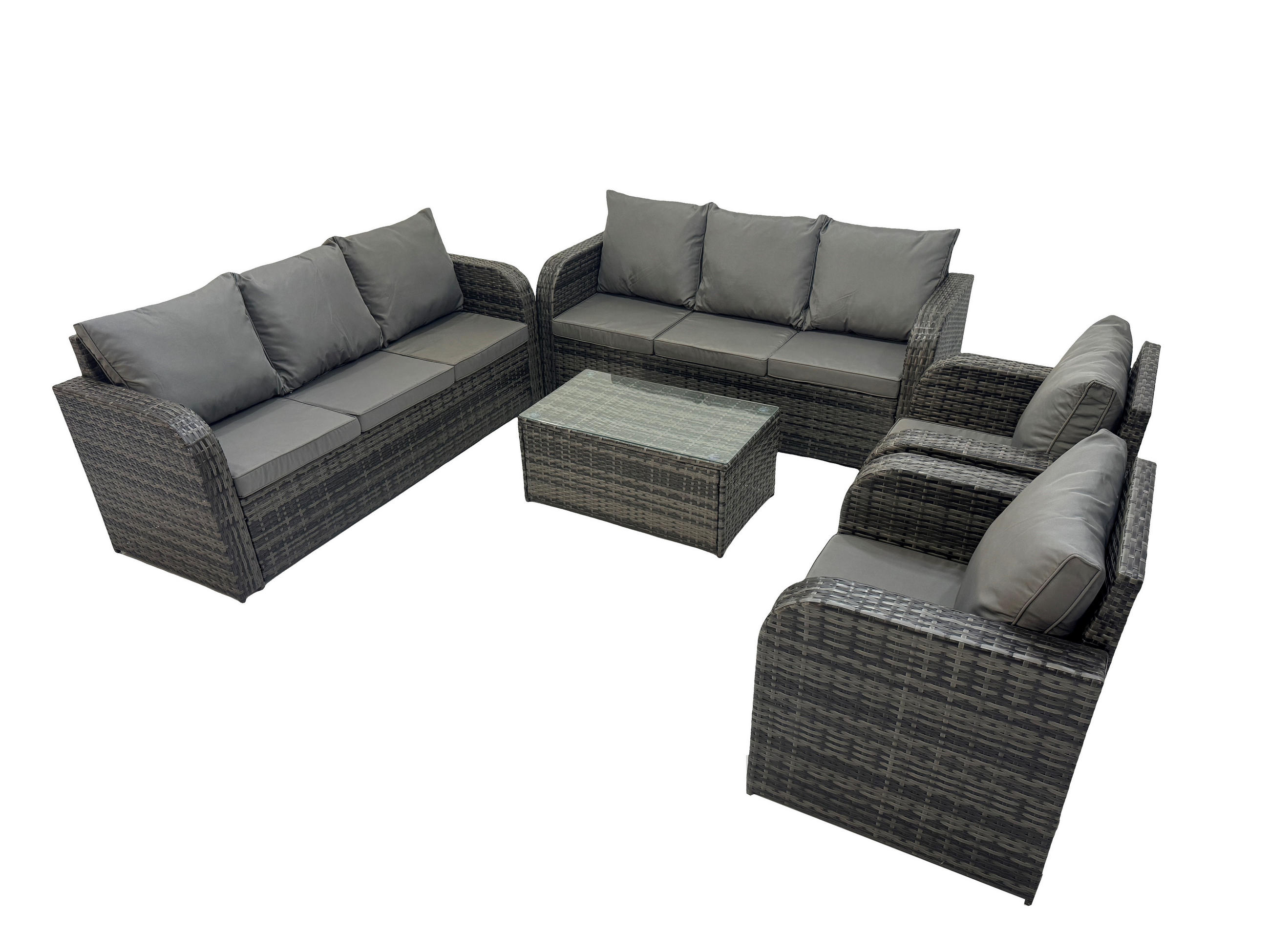 GARTENMÖBEL-SET mit Kissen Polyrattan Dunkelgrau 8-Sitzer - Dunkelgrau/Grau, Glas/Kunststoff - Fimous