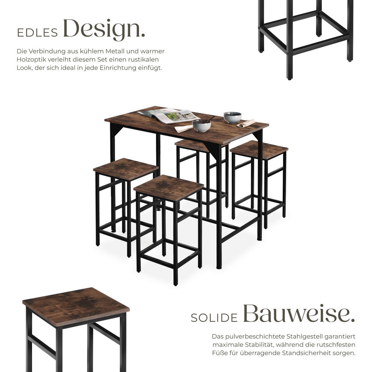 BARTISCH-SET Edinburgh,mit höhenverstellbaren Kunststofffüßen,Industrial Holz dunkel, rustikal - Rostfarben, Holz (124/88.5/100cm) - tectake