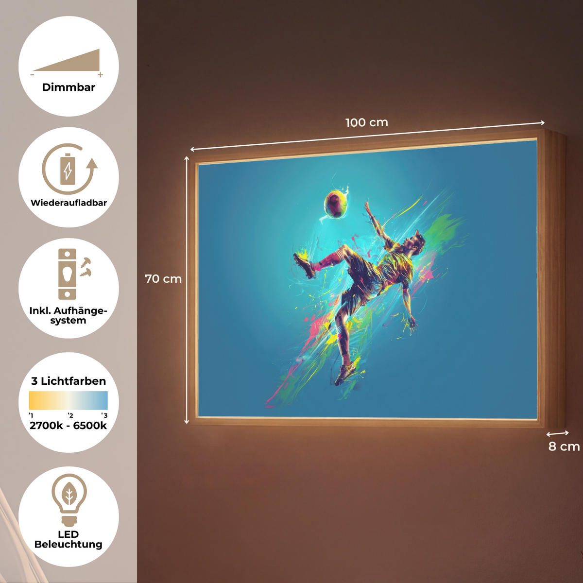 NACHTTISCHLAMPE MIT AKKU Fußballer - Farbspritzer - Farbenfroh - Ball 100x70 cm - Blau, Holzwerkstoff (8/100/70cm) - OnlyWow