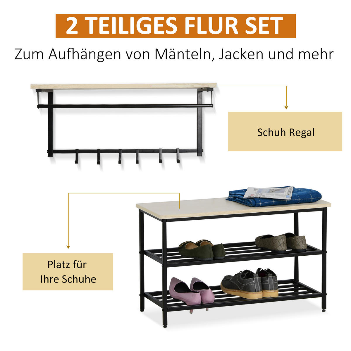 GARDEROBENSET für Eingangsbereich - Naturfarben, Holzwerkstoff (30/45/75cm) - HOMCOM