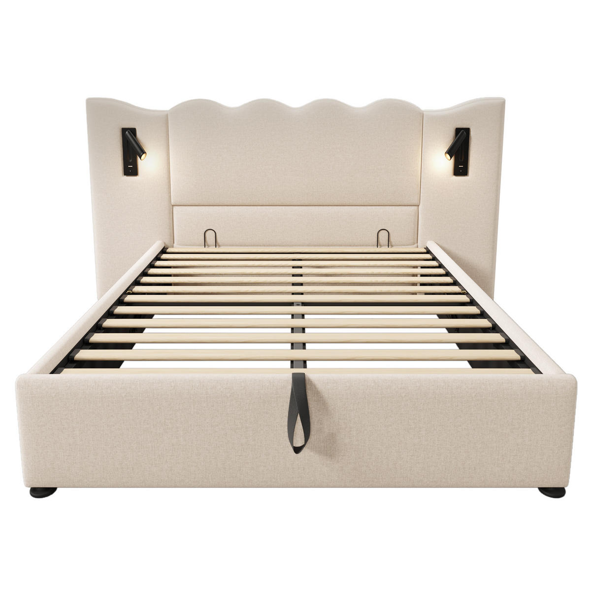 POLSTERBETT 160/200 cm Beige mit Stauraum, Leselicht und USB- und Type-C-Anschlüssen - Beige, Textil (160/200cm) - Flora Grace