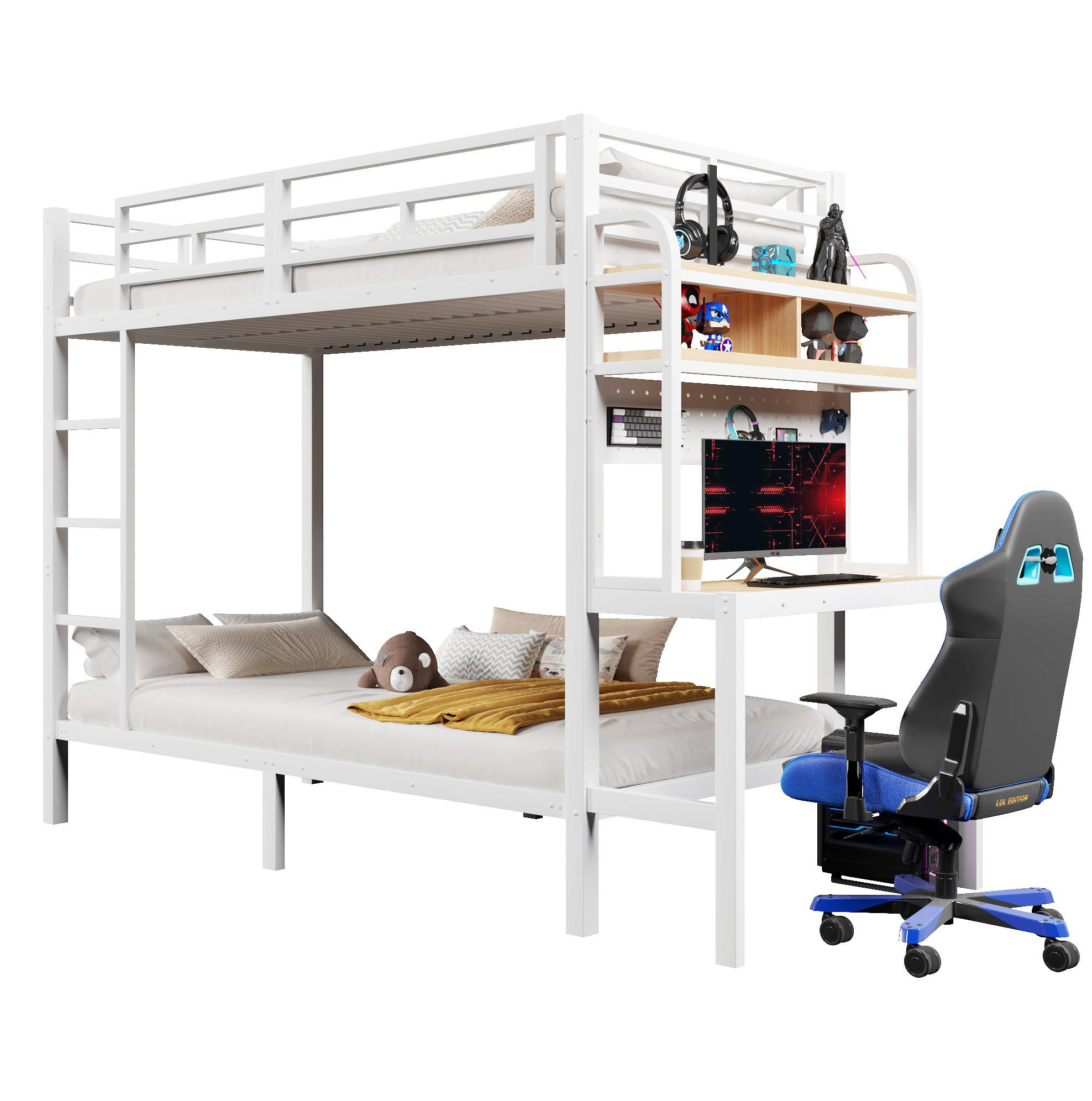 ETAGENBETT 90/200 cm Weiß mit LED, USB und Schreibtisch ohne Matratze - Weiß, Metall (90/200cm) - MIVRAY