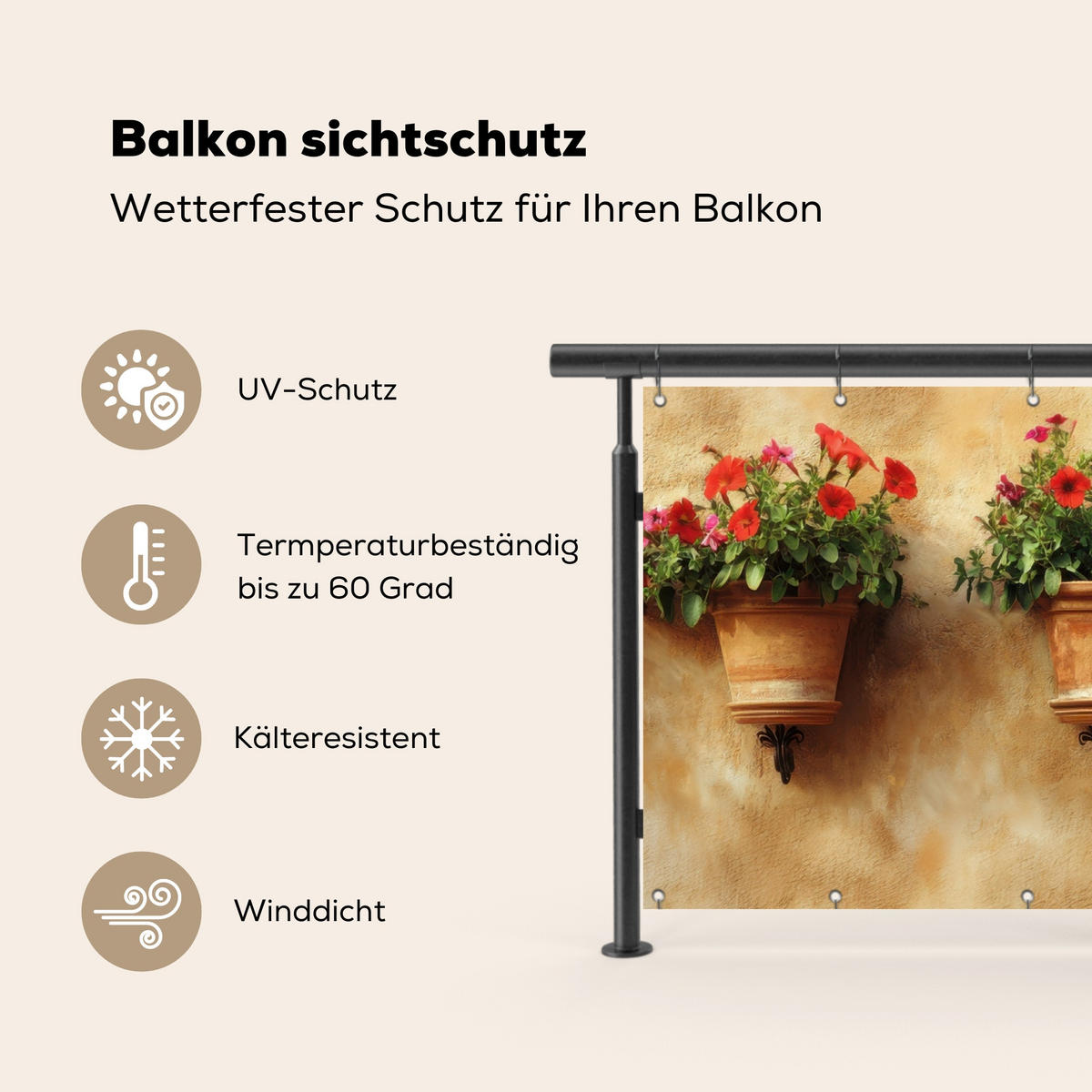 BALKON-SICHTSCHUTZ Blumentöpfe - Wand - Vintage - Terracotta, Kunststoff (200/110cm) - MuchoWow