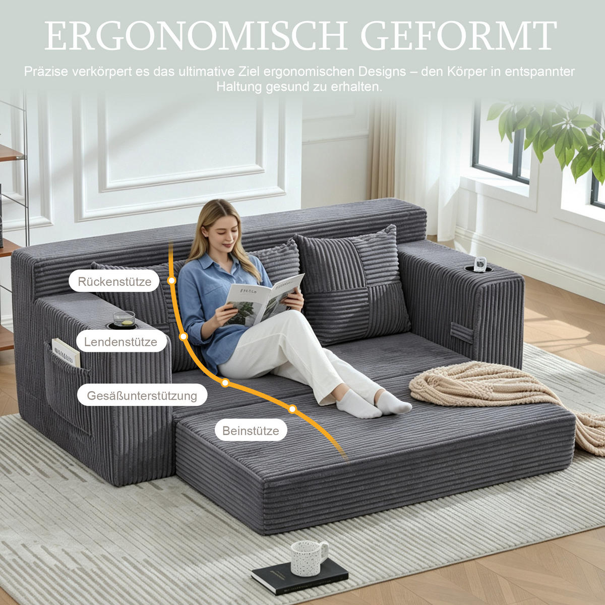 2-SITZER Bodensofa ausklappbar, Getränkehalter/Seitentaschen, Cord, Grau - Grau, Textil (172/64/87cm) - LVHOM