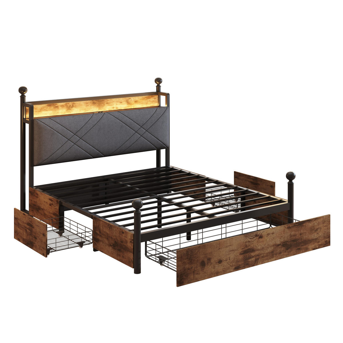 METALLBETT 140/190 cm mit Kopfteil, LED und USB/Type-C – schwarz - Schwarz, Metall (140/190cm) - BEAOK