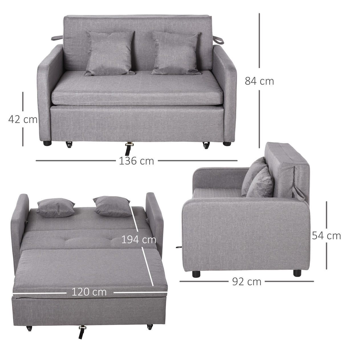 SCHLAFSOFA mit Stauraum, Grau - Grau, Textil (136/84/92cm) - HOMCOM