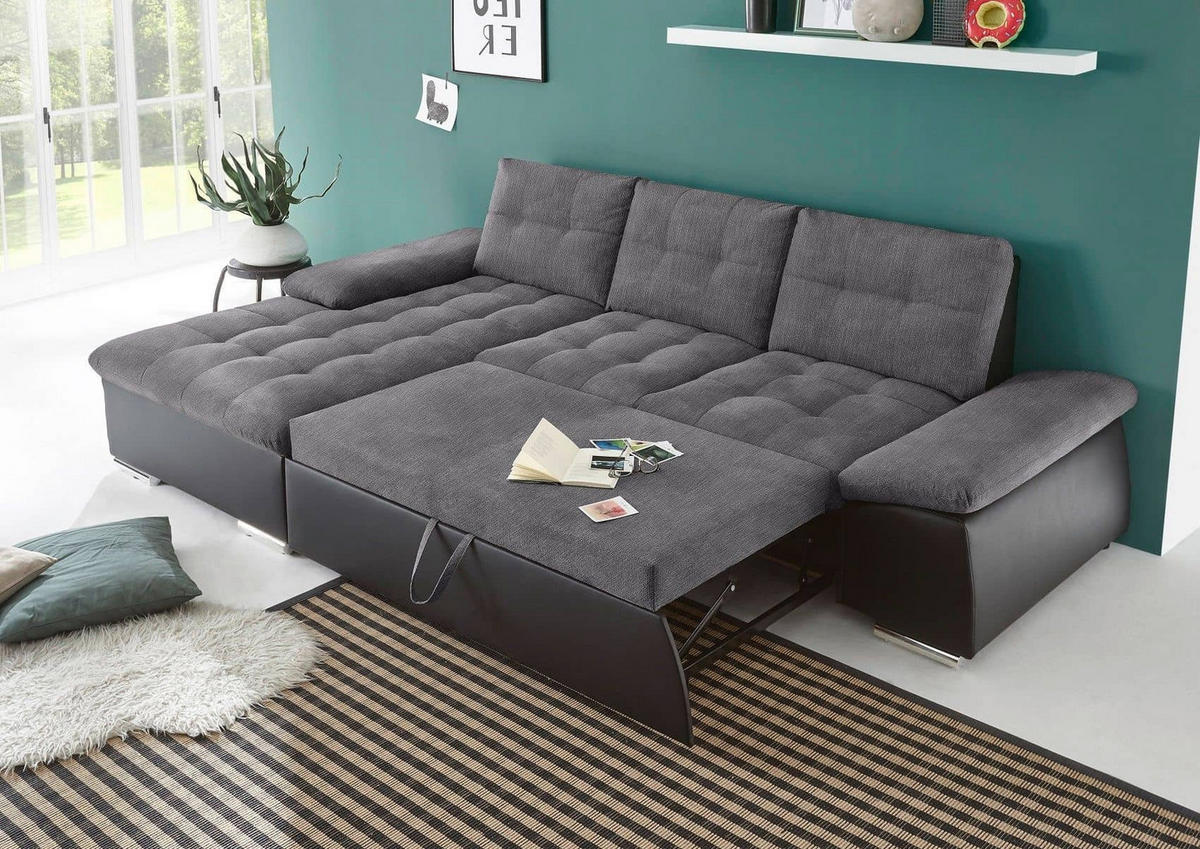ECKSOFA mit Schlaffunktion und verstellbaren Armlehnen - Chromfarben/Anthrazit, Kunststoff/Textil (268/170cm) - ed exciting design