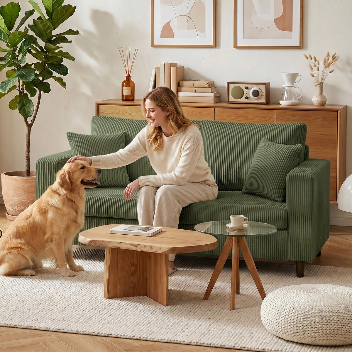 2-SITZER-SOFA Cord 100 Polyester Kautschukholz Grün - Naturfarben/Grün, Holz/Textil (80/82/170cm) - HOMCOM