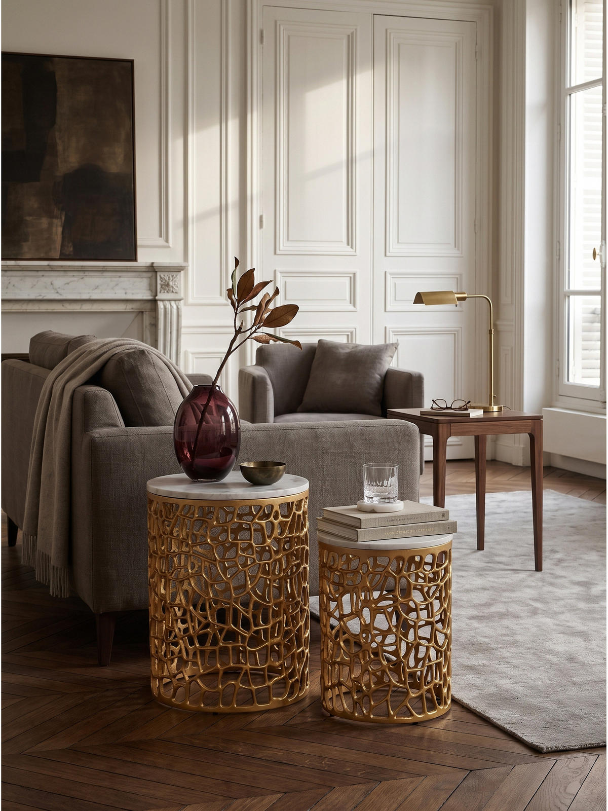 BEISTELLTISCHE 2er-Set ASTLUX, Marmor, Gold-Weiß, Ø 39 x 52,5 cm - Goldfarben, Stein/Metall (39/39/52.5cm) - KADIMA DESIGN