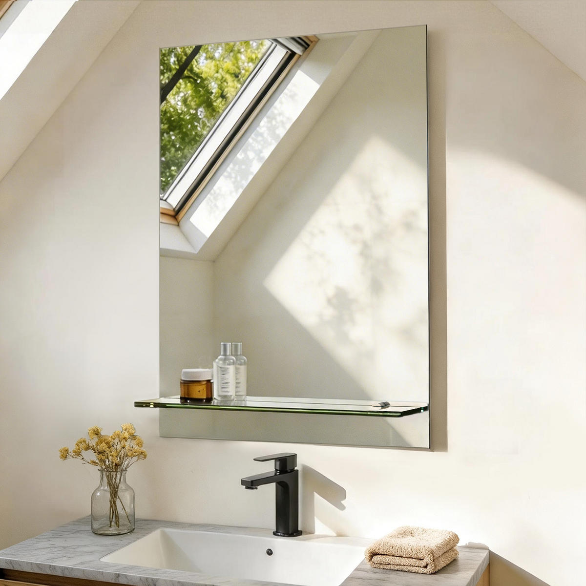 BADEZIMMERSPIEGEL 70/50 cm rechteckig mit Glasablage rahmenlos - Transparent, Glas (50/70/1cm) - S'AFIELINA