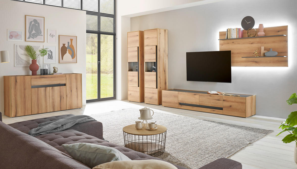 WOHNWAND Evoke Eiche, grau, Wohnkombination Set 2-teilig 300 cm - Eichefarben/Schwarz, Holz/Holzwerkstoff (300/180/45cm) - Furn.Design