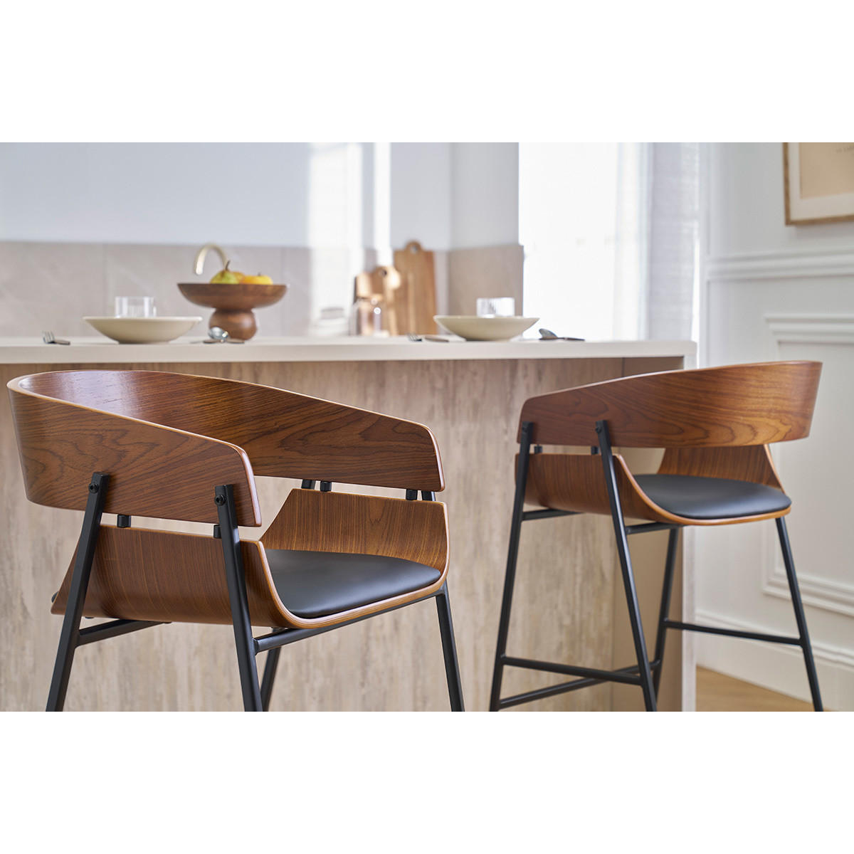 BARHOCKER Dunkles Holz Schwarzes Metall 2er-Set WESS - Dunkelbraun, Holz (52.5/90.2/54cm) - Miliboo