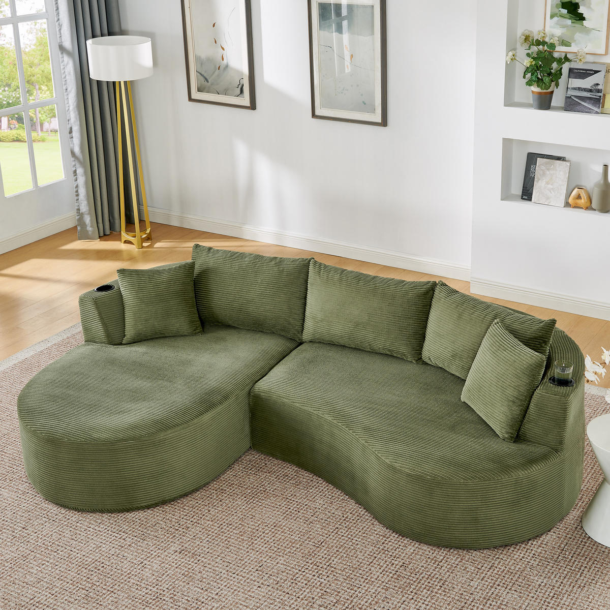 3-SITZER ECKSOFA Cord Grün mit Getränkehaltern und mit Kissen - Grün, Textil (264/168cm) - WISHDOR