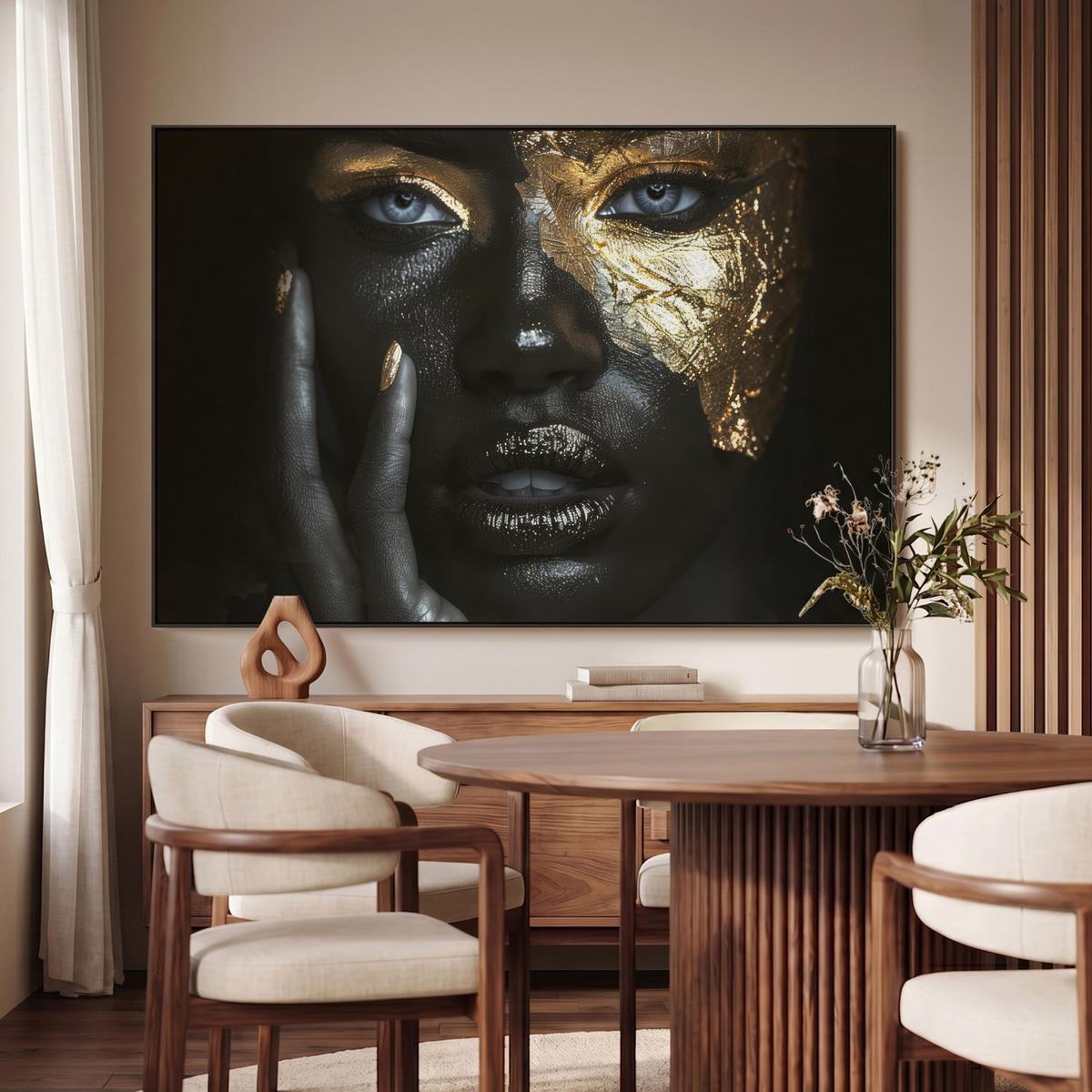 LEINWAND Bilder mit Rahmen - Frau - Gold - Porträt - Schwarz-Weiß - Luxus - 140x90 - Hellblau, Textil (140/90cm) - MuchoWow