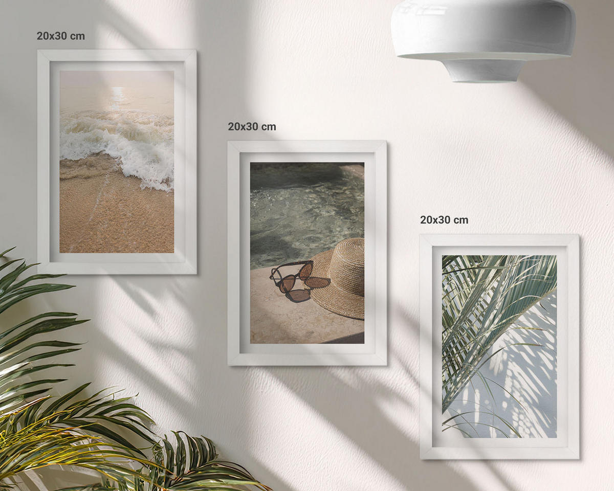 WANDBILDER 3er-Set - 20x30 cm Weißer Rahmen - Strandhut und Sonnenbrille - Weiß, Kunststoff (20/30cm) - ArtPrintCave