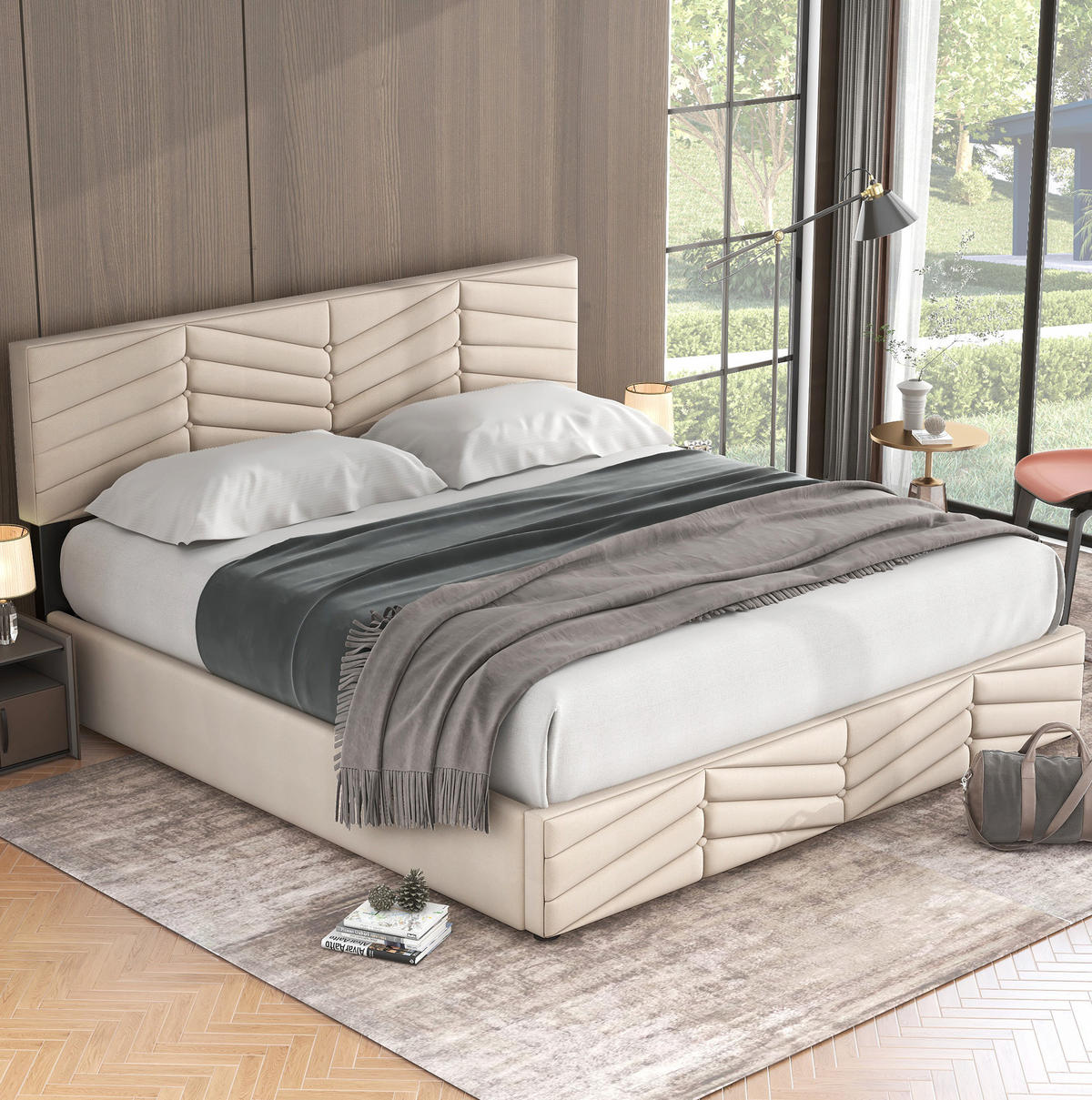 POLSTERBETT 180/200 cm beige mit hydraulischem Bettkasten und höhenverstellbarem Kopfteil - Beige, Textil (180/200cm) - OKWISH
