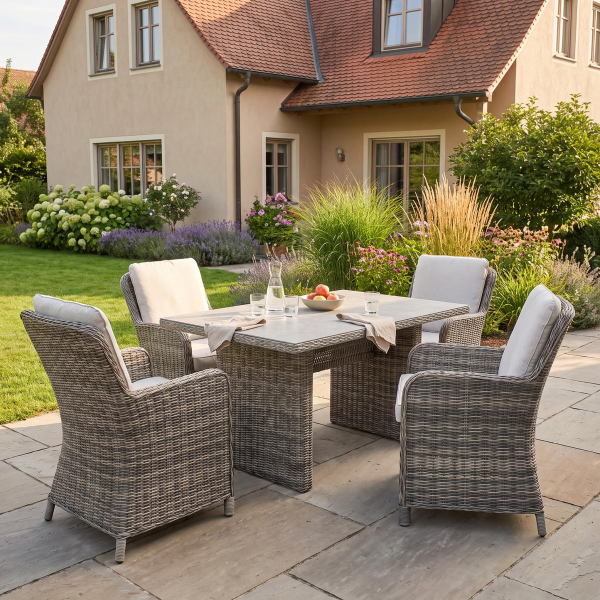 DININGLOUNGE-SET Ria Grau 5-teilig Polyrattan mit Sicherheitsglastisch 160/90/75 cm - Grau, Kunststoff - bellavista - Home & Garden