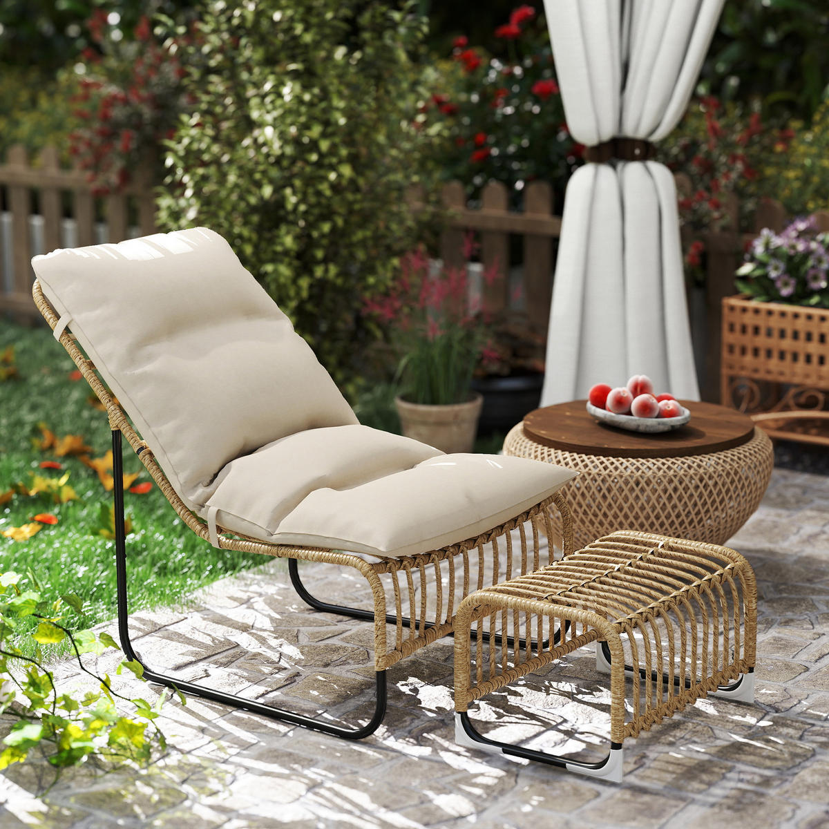 RELAXSESSEL mit Fußhocker UV-beständig Gartensessel mit Kissen Bänder - Creme, Metall (65/80/93cm) - Outsunny